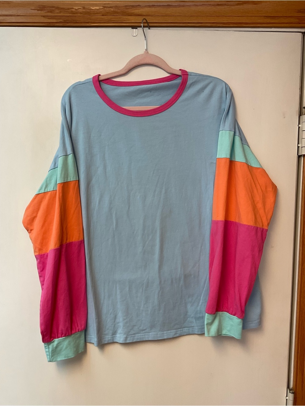 Light Blue Long Sleeve Colorblock Tee with Pink Trim